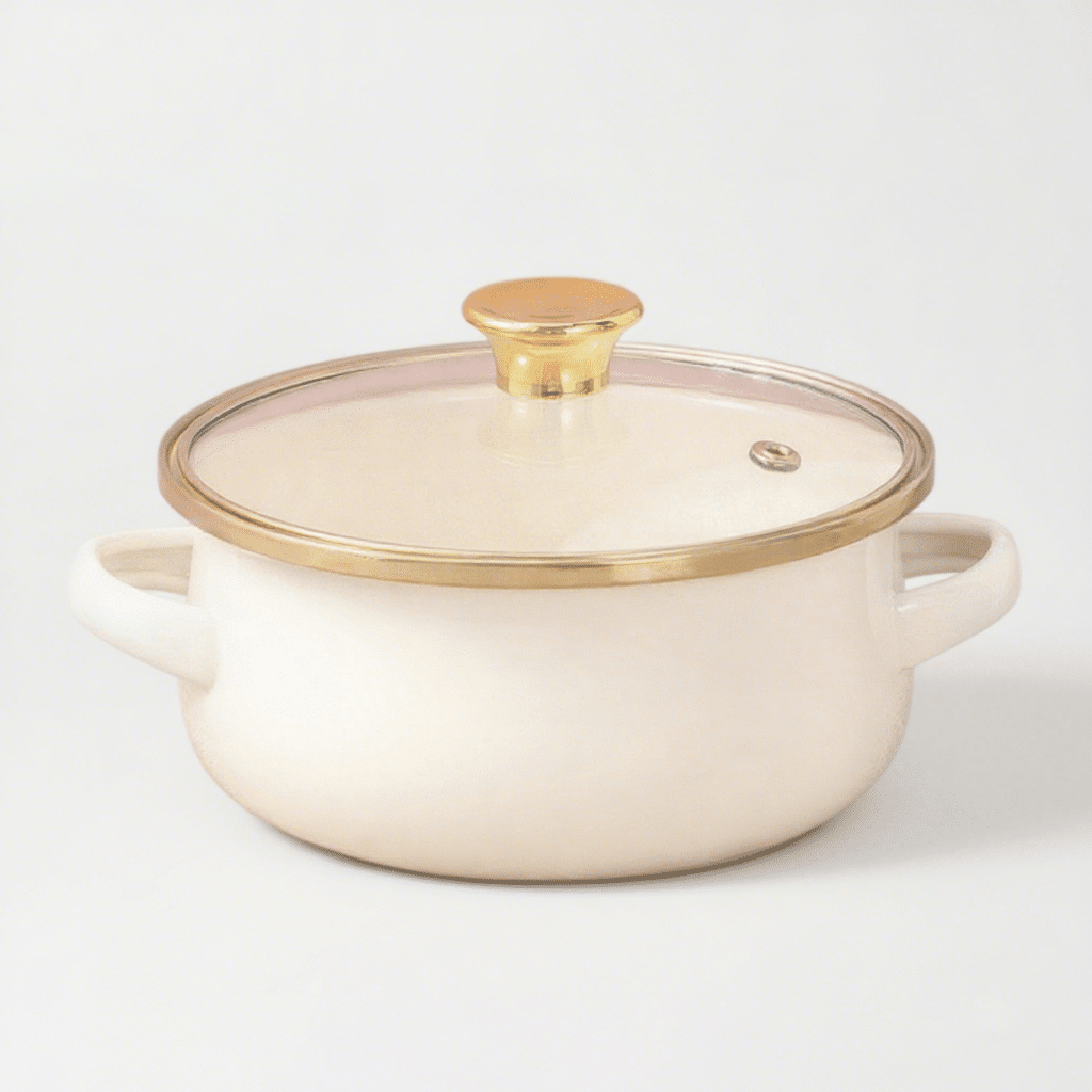 Enamel Casserole White with Gold Lid 16~24cm